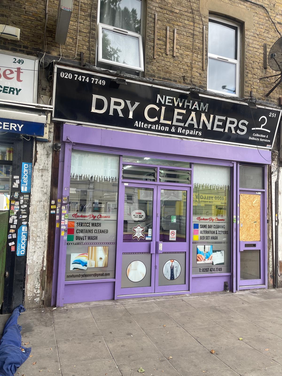 Newham Dry Cleaners storefront with purple shopfront at 251 Barking Road, Plaistow
