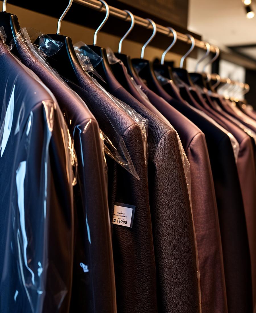 Cleaned suits on hangers in protective covers