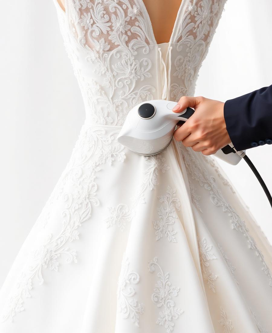 Wedding dress being professionally steamed